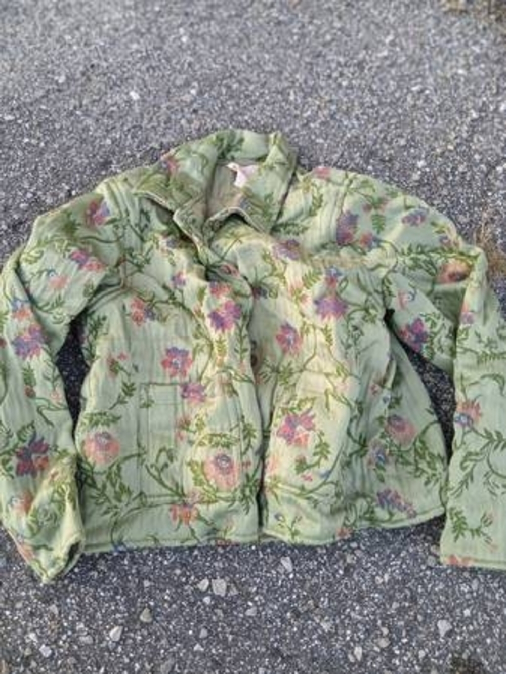 April Cornell vintage floral embroidery green coat